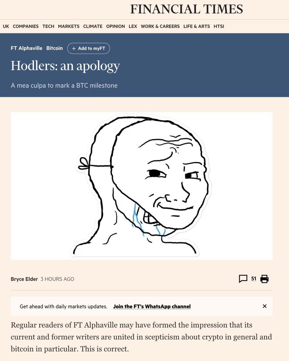 DefiIgnas's tweet photo. FT posted an apology lol

 "Current and former writers are united in scepticism about crypto in general and bitcoin in particular. This is correct"

And "we’re sorry if you misunderstood our crypto cynicism to be a declaration of support for tradfi, because we hate that too." https://t.co/kvr6dBnw9H