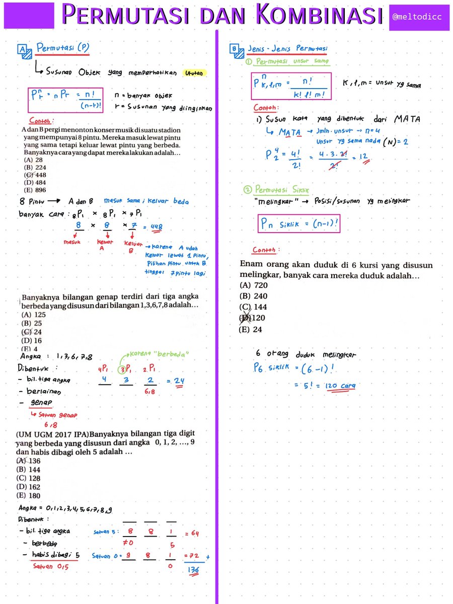 meltodicc's tweet photo. ✧.*|Permutasi dan Kombinasi|*⁠.⁠✧

Ini adalah salah satu materi yang berkemungkinan muncul di PK PM, jadi ada baiknya dipahami dan  dipelajari✍️📔

*latihan soalnya adda di reply ya🤩✨⭐

{by : @meltodicc }
#studytwt #AMBISVERSE https://t.co/ADmFZKjNoo