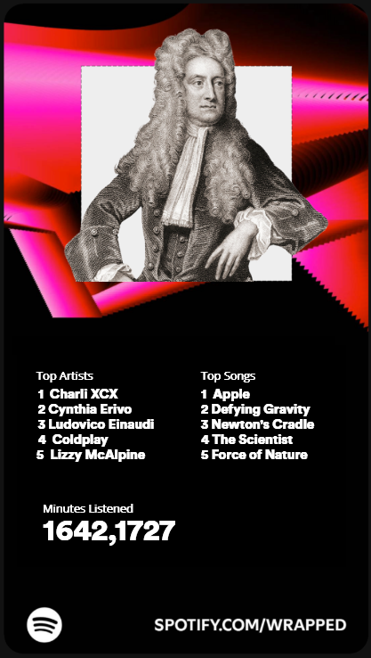 Of_Lost_Time's tweet photo. (1/6) Ever wondered what songs the #GreatScientists would have in their #SpotifyWrapped? We think it would go a little something like this:

Isaac Newton - had the best #bratsummer of his life🍏 https://t.co/ivZb8x9nx1