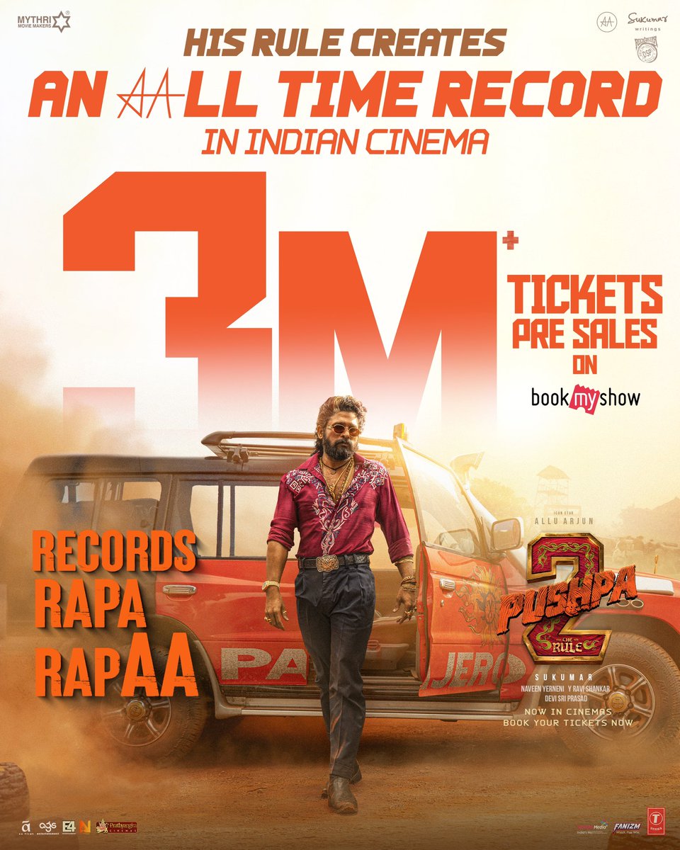 jagadeesan_dev's tweet photo. Indian cinema witnesses history in the making! 🌟

@alluarjun @iamRashmika @PushpaMovie @ThisIsDSP

#Pushpa2TheRule sets an unbeatable benchmark, becoming the FIRST EVER MOVIE to achieve 3 MILLION+ pre-sales tickets on @bookmyshow 💥🔥

#RecordsRapaRapAA 🏆 A cinematic revolution awaits—don't miss it!

🎟️ Book your tickets now: https://t.co/aRgc2x5OXH

#Pushpa2 #AlluArjun #Rashmika #Sukumar #Pushpa2TheRuleBookings