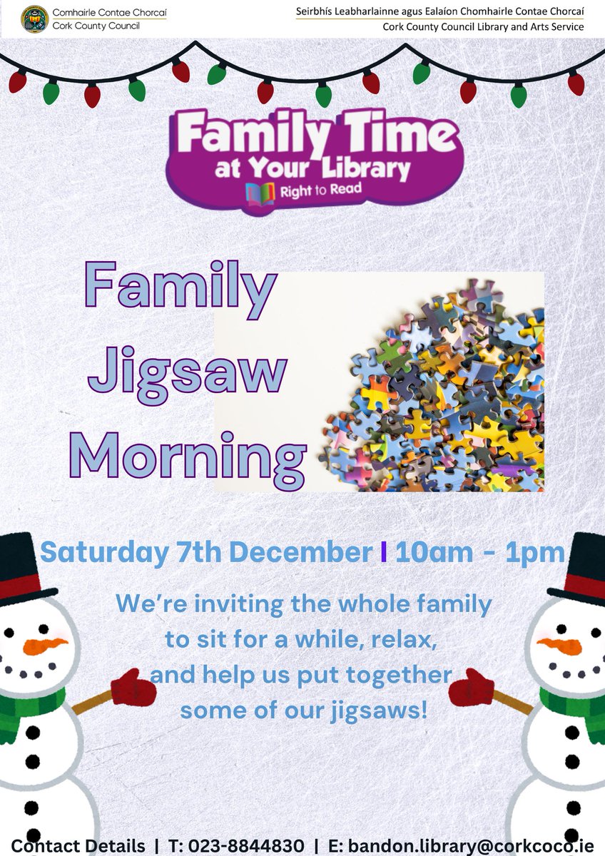 corkcolibrary's tweet image. December is Family Time at Your Library month, and we couldn’t think of a better way to kick start the celebrations than with a family jigsaw morning!
So if you’re free, join us at #BandonLibrary between 10am – 1pm on Saturday 7th December. Add a few pieces to one of our jigsaws,…