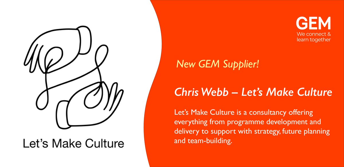Welcome to our new supplier – Let's Make Culture! 🌟

Programme Development &amp; Delivery
Training &amp;Support 
Strategy &amp; Research
Oral History &amp; Co-productive Storytelling
Creative making, craft &amp; play in learning
Leadership development

Find out more 👇
gem.org.uk/suppliers/chri…
