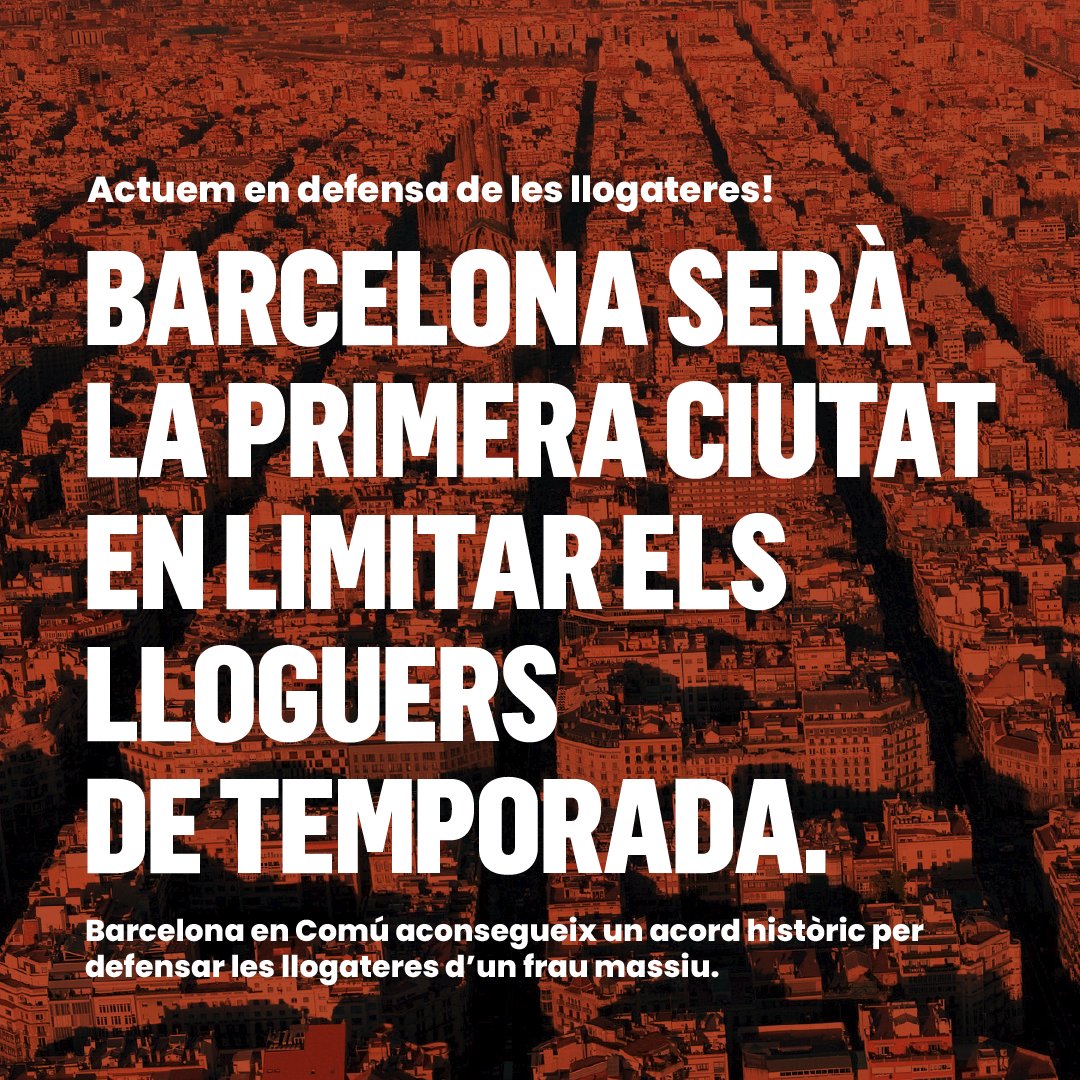ÚLTIMA HORA‼️

Barcelona en Comú aconsegueix un acord històric que permet posar fi al frau dels lloguers de temporada! 💪

Barcelona és la primera ciutat que regula aquesta pràctica, declarant tot l’habitatge residencial com a permanent. Protegim el dret a un lloguer just! 🏠✨