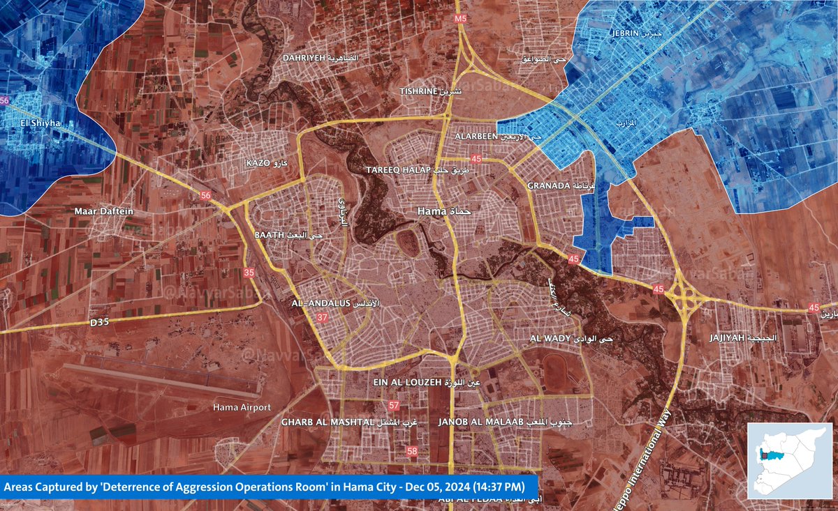 NavvarSaban's tweet photo. #Update #Map: The #DeterAggression operations have achieved significant progress inside the city of #Hama, including Hama Central Jail https://t.co/LjFcwpbjRK