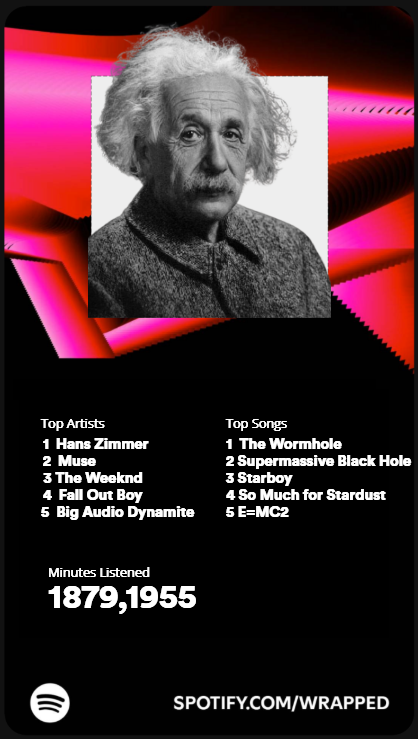 Of_Lost_Time's tweet photo. Albert Einstein - big tunes for a big thinker 🌌
#SpotifyWrapped https://t.co/VQCJGaxhyr