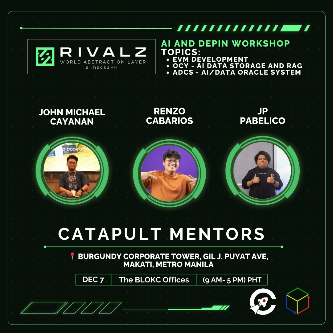 🎉 AI and DePIN Workshop 🚀

Back to back announcement! Get ready for our final Rivalz Workshop that will get your team ready for the Rivalz World Hackathon. worldhackathon.rivalz.ai

Join us this Saturday for another exciting workshop hosted by our Catapult Mentors: John Michael