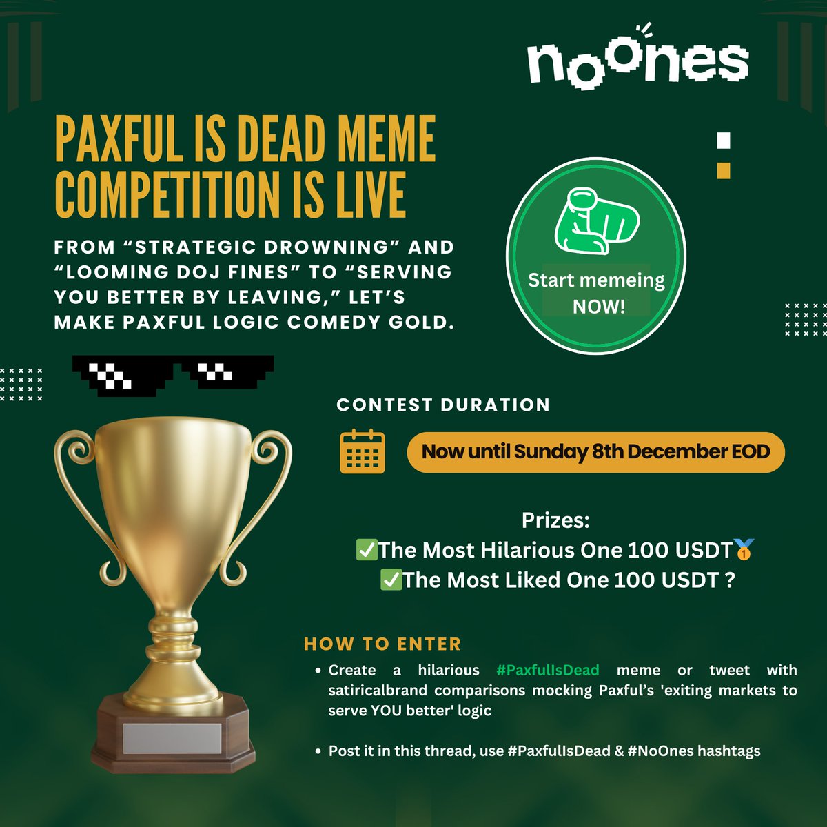 noonesapp's tweet image. 🚨 Our Meme Competition is HERE! 🚨

👇 Read below and show us what you&apos;ve got! Can&apos;t wait to see what the community creates. 🎨💡

🎁 Get ready to WIN some USDT! 💸💥

🔥 @paxful, y&apos;all aren&apos;t ready for this!

#PaxfulIsDead 💀 #NoOnes 🌟 #MemeMasters 🖼️ #USDTGiveaway 💰