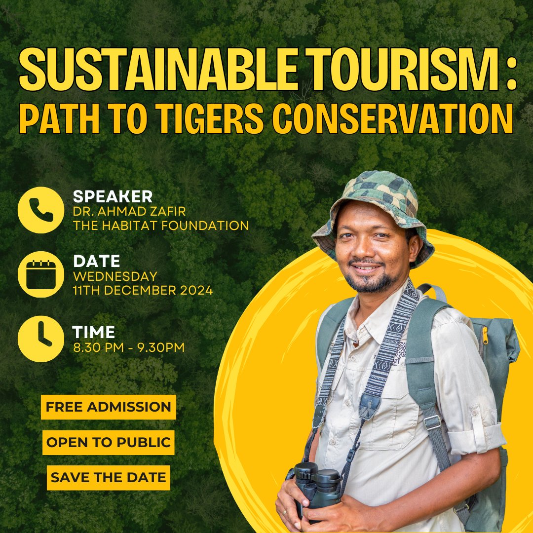 Can tourism save the tiger and other wildlife? Join the conversation with Dr. Ahmad Zafir Abdul Wahab, Programme Director of The Habitat Foundation.
Streaming live Wednesday, 11 December 2024, 8.30pm MYT/SGT/HKT time (+8 GMT/UTC) on MYCAT’s Facebook page. Link in bio.