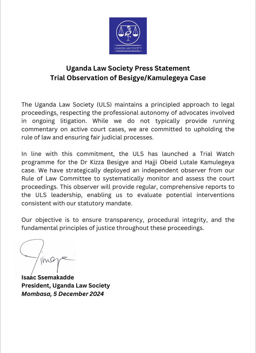 IsaacSsemakadde's tweet photo. ULS Statement on the Besigye/Kamulegeya Case https://t.co/l5CpixsDjG