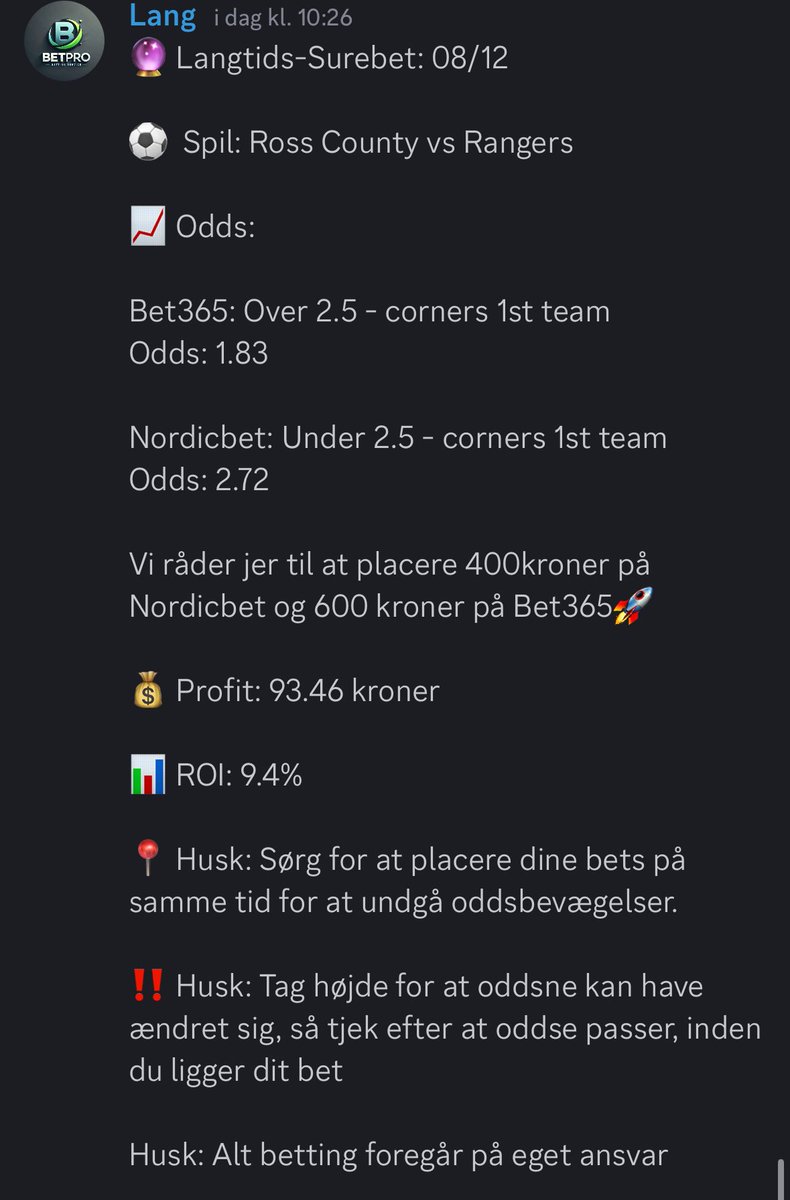 BetProDK's tweet photo. Langtids-Surebet🔮
93 kr sikker profit💸
Smid bettet hurtigst muligt, for samme odds!

#sldk #superliga #danskbet #danskespil #surebet #oddset #oddsetdk #danskodds https://t.co/fXJrGe66Hk