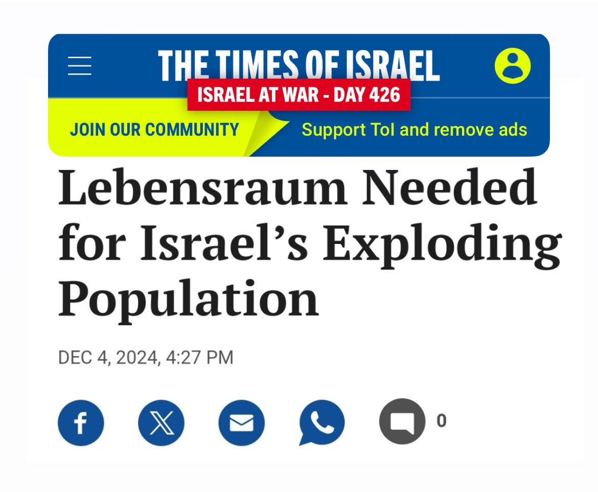 The <a href="/TimesofIsrael/">The Times of Israel</a> has now removed their article / blog on Israel’s need for “Lebensraum” - the Nazi’s race supremacist and expansionist ideology.  

👉blogs.timesofisrael.com/lebensraum-nee…