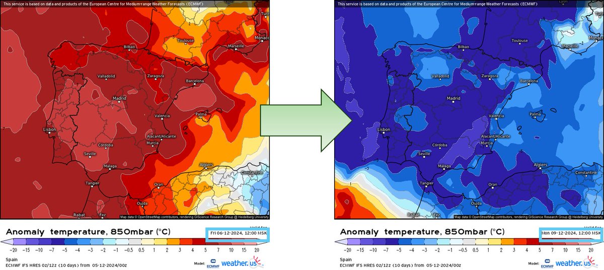 Pues con el noviembre de récord que hemos tenido, y con la fenología de la vegetación tan desubicada, no creo que sea ninguna buena noticia el pasar de un extremo de temperatura al otro en poco más de 48 horas 😑

Mapa de anomalías a 1500 metros de altitud para viernes y lunes: