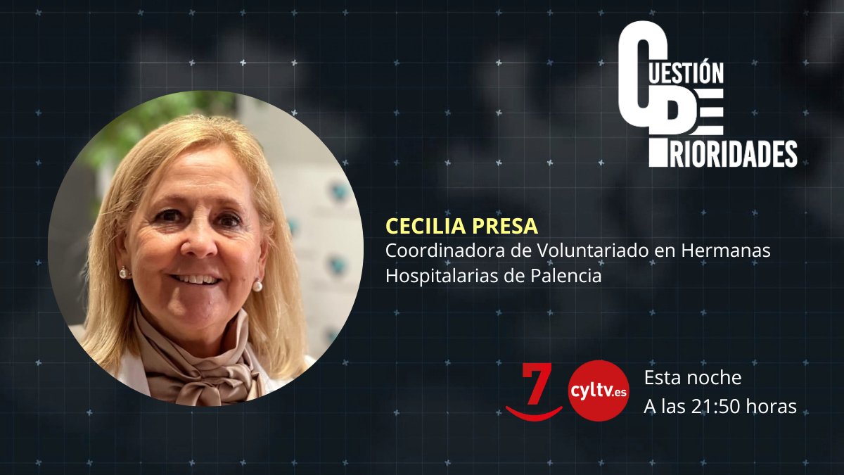 CDPrioridades's tweet photo. Esta noche en #CuestiónDePrioridades @JLMartin_Rtvcyl entrevista a Cecilia Presa, coordinadora de Voluntariado en Hermanas Hospitalarias por el Día Internacional del #voluntariado 

@CSHHPalencia 

🕤 A las 21:50 en La 7 📱 También en https://t.co/Mip5cRylnt https://t.co/xDbbCMfze1