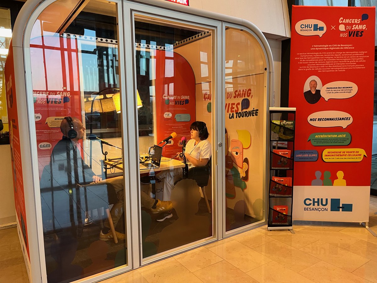 AbbVieFrance's tweet photo. 🎙️ Que vous soyez directement ou indirectement concerné par un #cancer du sang, n'hésitez pas à venir à notre micro pour enregistrer votre message de soutien jusqu'au 05/12 au @CHUdeBesancon. https://t.co/xakJ9pI9nN