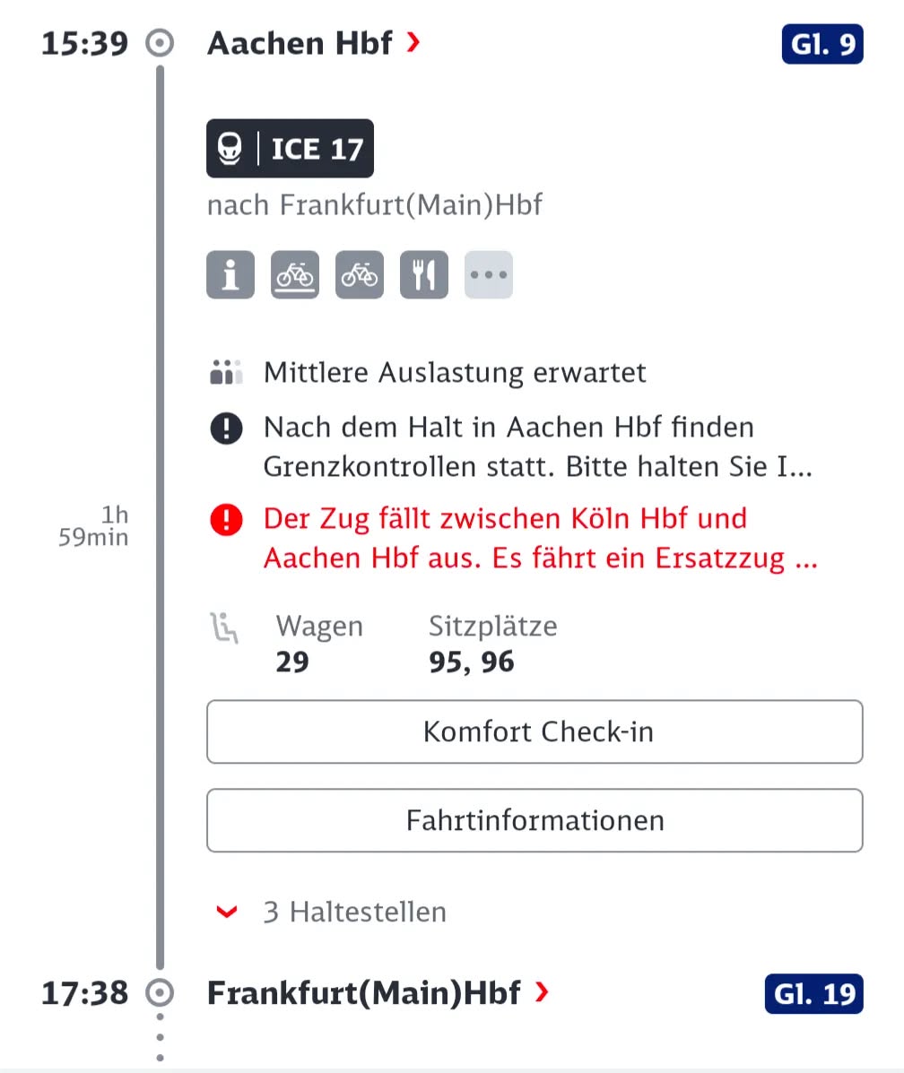 grassi2000's tweet photo. @DB_Bahn Könnt ihr mir das erklären? Ich will von Aachen nach Frankfurt (und weiter nach Freiburg). Diese Ausfallmeldung ist aber für die Gegenrichtung. Scheinbar fallen die Züge aber schon aus. Es hilft für die Alternativsuche nur nicht, dass sie trotzdem im System sind. https://t.co/530Ug0ua3d