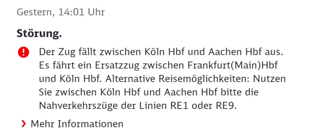 grassi2000's tweet photo. @DB_Bahn Könnt ihr mir das erklären? Ich will von Aachen nach Frankfurt (und weiter nach Freiburg). Diese Ausfallmeldung ist aber für die Gegenrichtung. Scheinbar fallen die Züge aber schon aus. Es hilft für die Alternativsuche nur nicht, dass sie trotzdem im System sind. https://t.co/530Ug0ua3d