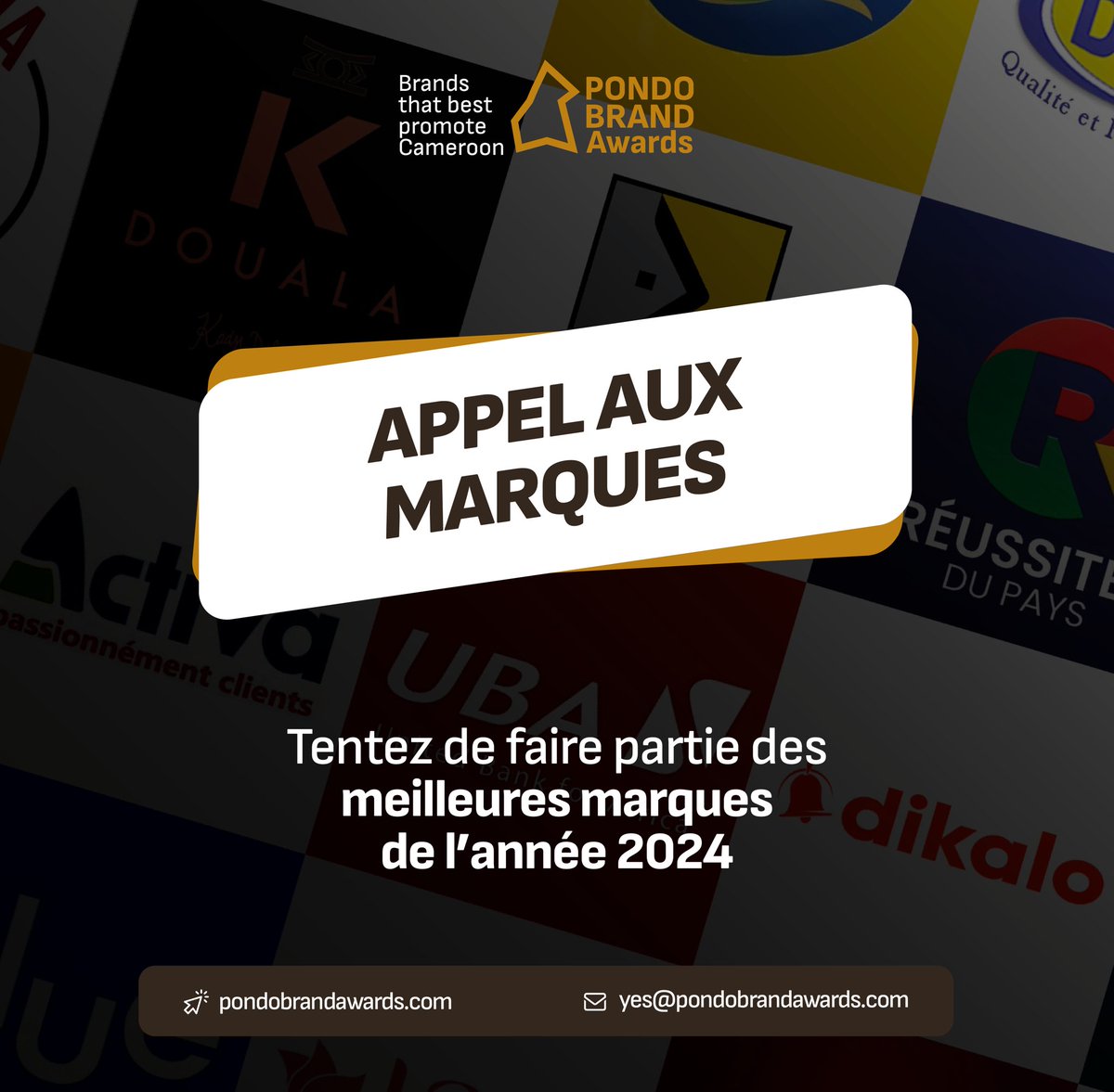 [Appel aux marques]

Nous vous invitons à soumettre votre candidature pour le compte des Pondo Brand Awards 𝟐𝟎𝟐𝟒. 

 Candidatez ici  👉🏿 tally.so/r/nW5dyL

#PondoBrandAwards #PBA2024 #TuAsDésormaisLePouvoir #Branding #PBAwards #Marques