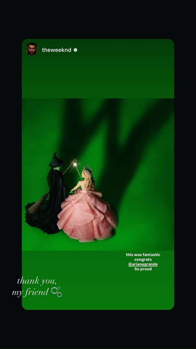 QGarianators's tweet photo. MELHORES AMIGOS SEMPRE | The Weeknd elogia Ariana Grande e “Wicked” via Instagram Stories. 

“isso foi fantástico, parabéns, minha amiga ari, estou muito orgulhoso”

— Ariana Grande republicou agradecendo pelo carinho. 🩷 https://t.co/58t30qDuSF
