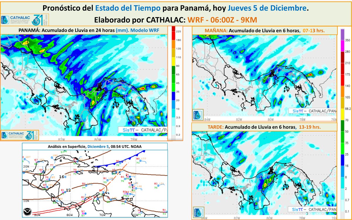 *Pronóstico de Acumulado de Lluvia en 24 horas para Panamá, Jueves 5 de diciembre.* La ZCIT se extiende sobre el sur del país interactuando con los vientos fuertes del noreste y la actividad convectiva en el suroeste del Caribe, condiciones que producirán lluvias moderadas a