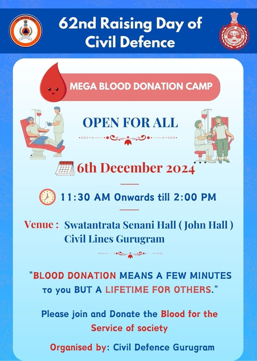 Help Uttarakhand Group (@bharat24588032) on Twitter photo #Haryana
#Gurugram
#blooddonation Camp🩸
Date: 6 Dec 2024
Time: 11:30 AM to 2:00 PM
✅Venue: Swatantrata Senani Hall Civil Lines, #gurugram
<a href="/BloodAid/">BloodAid</a>
<a href="/bloodconnectorg/">BloodConnect</a>
<a href="/thesks24/">SKS (Malak of Bharat )</a>
<a href="/Shivani15691817/">Shivani yadav</a>
<a href="/Sewa_In_Blood/">ਸਿਮਰਨ Simranjit Singh-Khalsa#Sewa@Tweet Singh</a>
<a href="/iCanSaveLife/">iCanSaveLife</a>
<a href="/rishi7_roy/">Rishi Roy</a>
<a href="/gounder_ramya/">GounderRamya</a> #Haryana
#Gurugram
#blooddonation Camp🩸
Date: 6 Dec 2024
Time: 11:30 AM to 2:00 PM
✅Venue: Swatantrata Senani Hall Civil Lines, #gurugram
<a href="/BloodAid/">BloodAid</a>
<a href="/bloodconnectorg/">BloodConnect</a>
<a href="/thesks24/">SKS (Malak of Bharat )</a>
<a href="/Shivani15691817/">Shivani yadav</a>
<a href="/Sewa_In_Blood/">ਸਿਮਰਨ Simranjit Singh-Khalsa#Sewa@Tweet Singh</a>
<a href="/iCanSaveLife/">iCanSaveLife</a>
<a href="/rishi7_roy/">Rishi Roy</a>
<a href="/gounder_ramya/">GounderRamya</a>