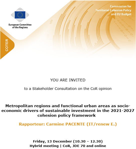 European Metropolitan Authorities (@emametropolitan) on Twitter photo 📣<a href="/EU_CoR/">European Committee of the Regions</a> is hosting a stakeholder consultation on Metropolitan Regions & FUAs as Socio-Economic Drivers of Sustainable Investment in the Cohesion Policy 🇪🇺
Don’t miss this opportunity to contribute!
🗓️ Friday, Dec 13
⏰ 10:30 (Brussels/online)
cor.europa.eu/en/our-work/op… 📣<a href="/EU_CoR/">European Committee of the Regions</a> is hosting a stakeholder consultation on Metropolitan Regions & FUAs as Socio-Economic Drivers of Sustainable Investment in the Cohesion Policy 🇪🇺
Don’t miss this opportunity to contribute!
🗓️ Friday, Dec 13
⏰ 10:30 (Brussels/online)
cor.europa.eu/en/our-work/op…