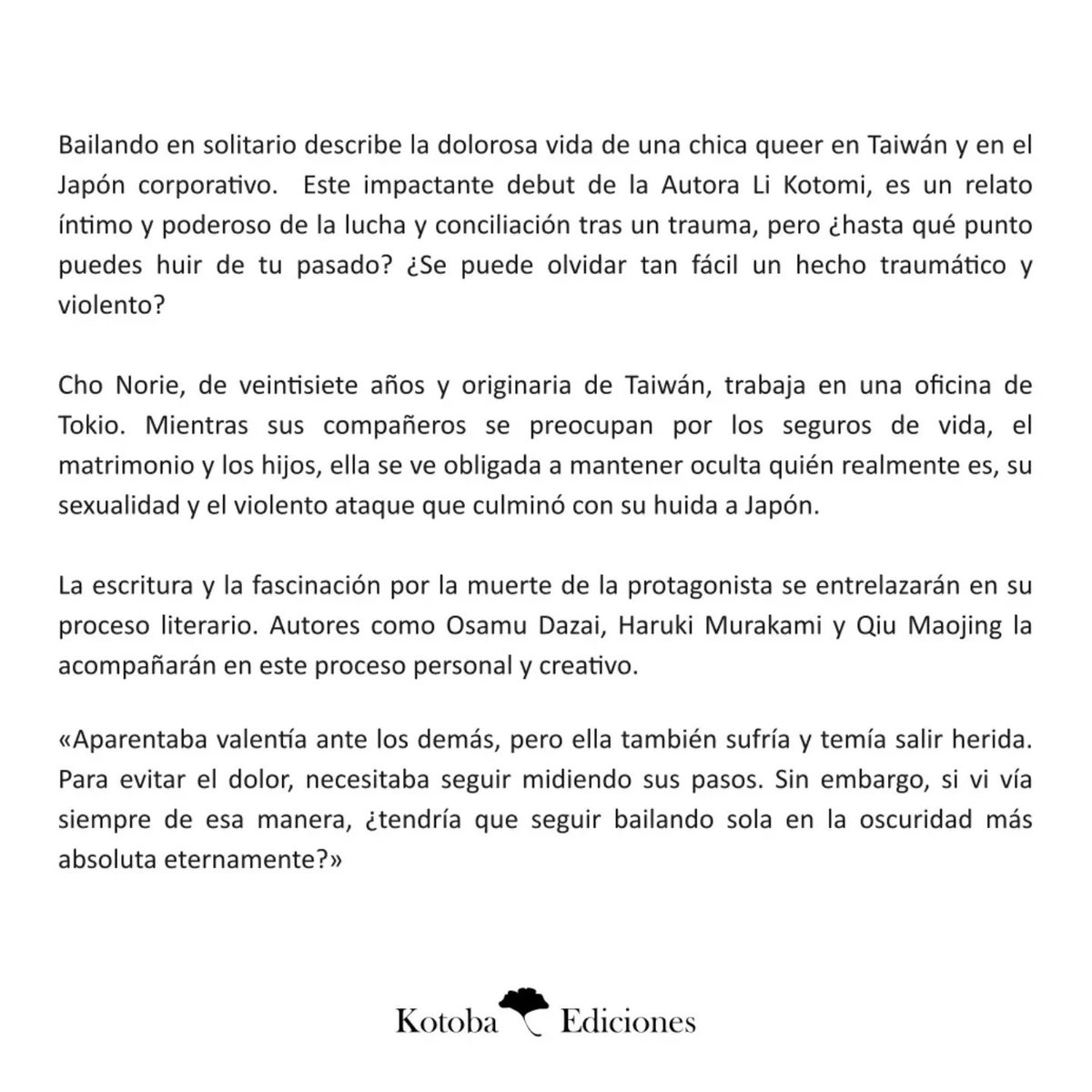 KotobaEdiciones's tweet photo. Por fin a la venta la novela debut de la autora Li Kotomi, ganadora del premio Gunzo 2017 con Bailando en solitario, y del prestigioso premio Akutagawa en 2021.

https://t.co/wnBINBuUKN https://t.co/80uuP6EqAG