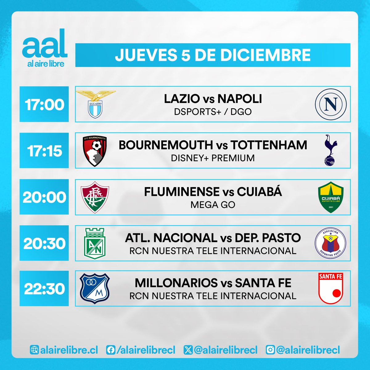 alairelibrecl's tweet photo. 📺⚽️ Que no se te pase ninguno: la Cartelera #AlAireLibre trae una selección de 10 recomendados de jueves para que sepas qué ver 🫶. https://t.co/1juSuuGRwW