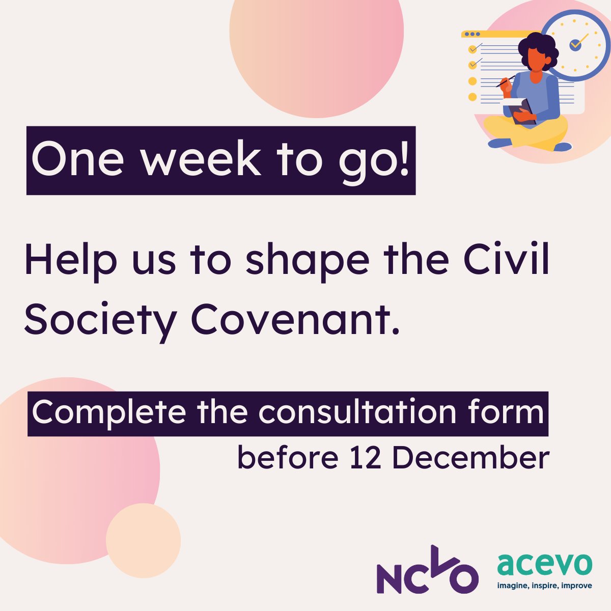 📢 Only one week left to share your views on the Civil Society Covenant and help shape the future relationship between government and civil society.

Complete our consultation form by 12 December: ncvo.org.uk/get-involved/c…