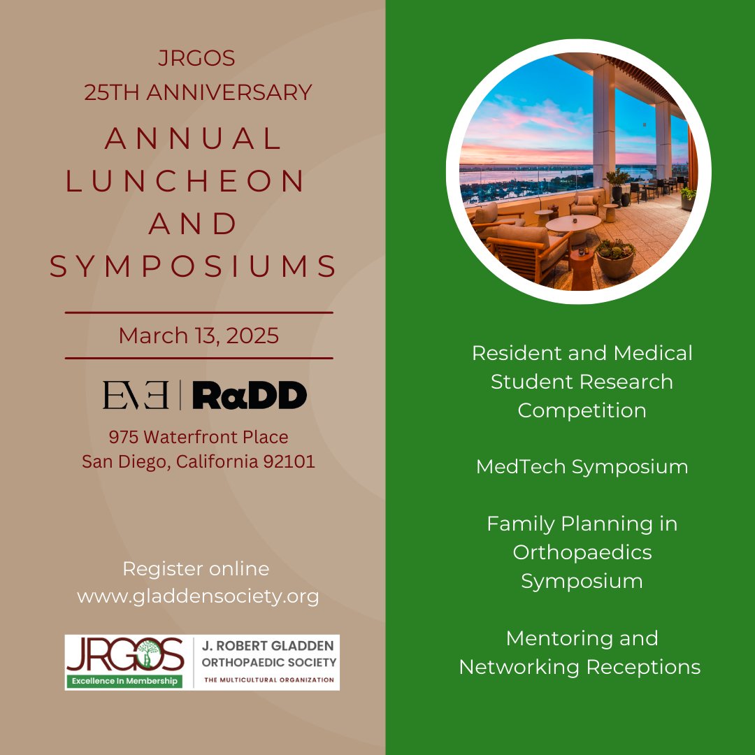 GladdenSociety's tweet photo. JRGOS is excited to announce the 25th Annual Luncheon Keynote Speaker! π
March 13, 2024 π San Diego, CA
Erica Taylor, MD, MBA, FAAOS, FAOA
πΉ Orthopaedic Surgeon
πΉ Founder & CEO, Orthopaedic Diversity Leadership Consortium
#JRGOS #WomenInMedicine #LeadershipInOrthopaedics https://t.co/pbFZ2HmPYZ