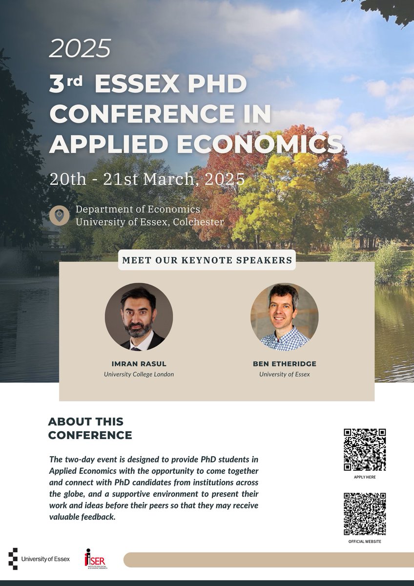 Official poster for the 3rd Essex PhD Conference in Applied Economics. Submission deadline on the 3rd January! Apply here: essex.eu.qualtrics.com/jfe/form/SV_ef…