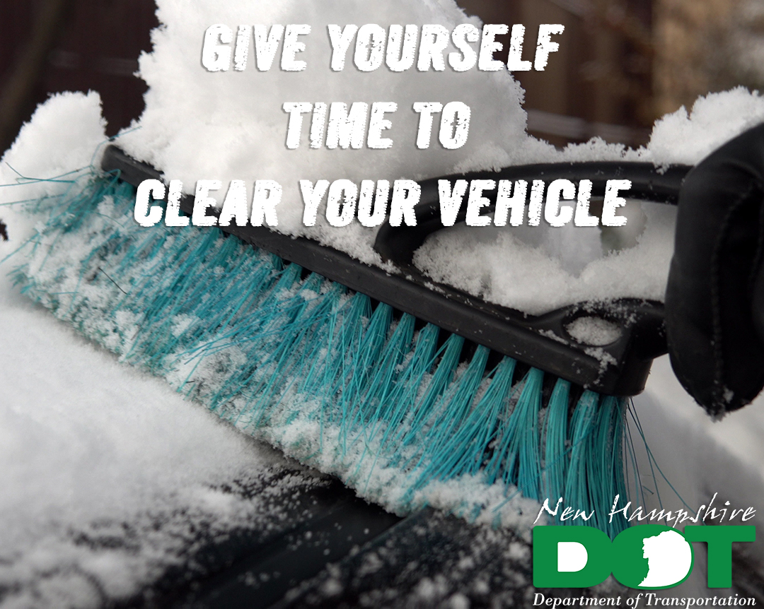 NewHampshireDOT's tweet photo. Remember to give yourself time to clear off your car. Keep a safe distance between vehicles and give our hardworking crews the space they need to keep the roads clear! #WinterSafety #SnowPrep #SafeDriving #ProudToBeNHDOT #JessicasLaw #DontCrowdThePlow https://t.co/RQm2bkxPiV