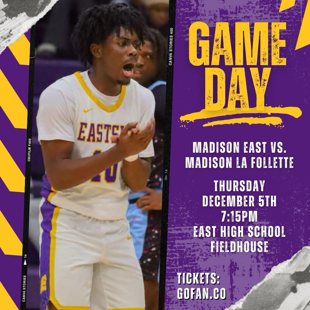 See you at the Castle TONIGHT!
🏰💜💛🏀💪
Varsity Boys Basketball vs. Madison La Follette - Thursday, December 5th at 7:15pm at East High School in the Fieldhouse.  Tickets: gofan.co