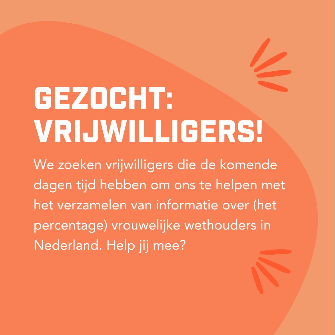 Stem op een Vrouw (@stemopeenvrouw) on Twitter photo Hulp gezocht! Heb jij de komende dagen tijd om ons te helpen met nieuw onderzoek? We verzamelen namelijk informatie over het percentage vrouwelijk wethouders in Nederland.
Wat heb je nodig? Een laptop en internet
Helpen? Stuur een mail naar sander@stemopeenvrouw.com Hulp gezocht! Heb jij de komende dagen tijd om ons te helpen met nieuw onderzoek? We verzamelen namelijk informatie over het percentage vrouwelijk wethouders in Nederland.
Wat heb je nodig? Een laptop en internet
Helpen? Stuur een mail naar sander@stemopeenvrouw.com