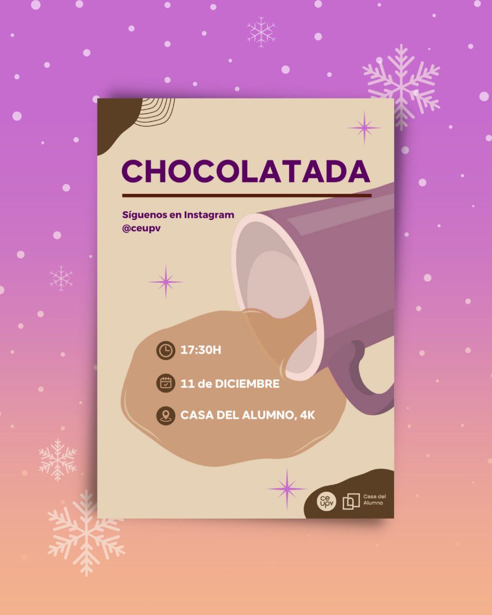 Felices fiestaaas! 🎄

Desde CEUPV os hemos preparado una CHOCOLATADA en la Casa del Alumno (edificio 4K) 🍫✨

Será el miércoles 11 de diciembre a las 17:30h‼️

**Para poder pillar tu vaso de chocolate debes seguirnos en Insta 😎

Os esperamos allí! 😁
