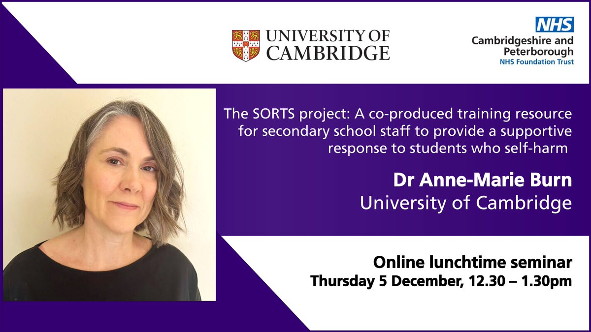 Research at CPFT (@cpft_research) on Twitter photo ๐จ Join @ 12.30pm to meet <a href="/AnneMarieBurn1/">Dr Anne-Marie Burn</a> presenting the SORTS project with <a href="/ARC_EoE/">NIHR ARC East of England</a> which co-produced a training resource to reduce self-harm & improve support for school students.
๐ Find out how it has increased staff confidence + prevented self-harm:
โก๏ธintranet.cpft.nhs.uk/events/event/rโฆ ๐จ Join @ 12.30pm to meet <a href="/AnneMarieBurn1/">Dr Anne-Marie Burn</a> presenting the SORTS project with <a href="/ARC_EoE/">NIHR ARC East of England</a> which co-produced a training resource to reduce self-harm & improve support for school students.
๐ Find out how it has increased staff confidence + prevented self-harm:
โก๏ธintranet.cpft.nhs.uk/events/event/rโฆ