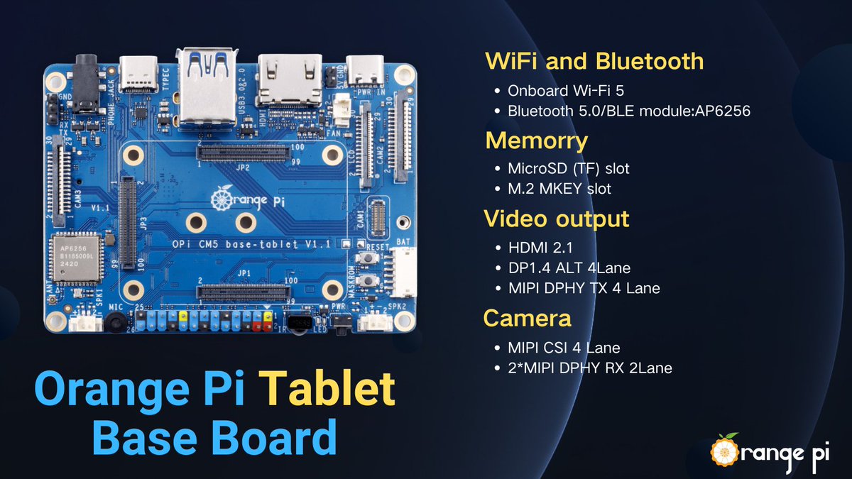 orangepixunlong's tweet photo. OrangePi CM5 Tablet Base Board β Your perfect match for the Orange Pi CM5 Core Board!
β Wi-Fi 5 + BT 5.0, BLE support
β Standard CM5 connectors
β Rich interfaces
Now available for just $20!
π:https://t.co/wMSqS9tSvX
#OrangePi #Android #Ubuntu #rockpi #linux #raspberrypi https://t.co/P8b8TjDDgU