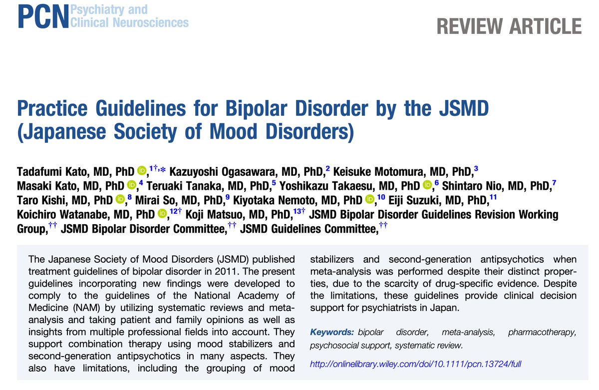 PCN_Psychiatry's tweet photo. Practice Guidelines for Bipolar Disorder by the JSMD (Japanese Society of Mood Disorders)
https://t.co/adESTWIhJL
#bipolar_disorder #meta_analysis #pharmacotherapy #psychosocial_support #systematic_review https://t.co/phEeLxVE6R