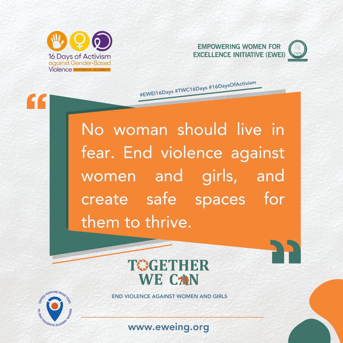No woman should live in fear. End violence against women and girls, and create safe spaces for them 
to thrive. #EWEI16Days #TWC16Days #16DaysOfActivism
<a href="/UNTrustFundEVAW/">UN Trust Fund to End Violence against Women</a> <a href="/GovKaduna/">Governor of Kaduna</a>
<a href="/KDHSSD/">Human Services & Social Development Kaduna</a>
<a href="/KadunaAssembly/">Kaduna State House of Assembly</a>
<a href="/MOJKaduna/">Ministry of Justice</a>
<a href="/PoliceNG/">Nigeria Police Force</a>
<a href="/Jesse_David07/">Jesse David (Hon)</a>