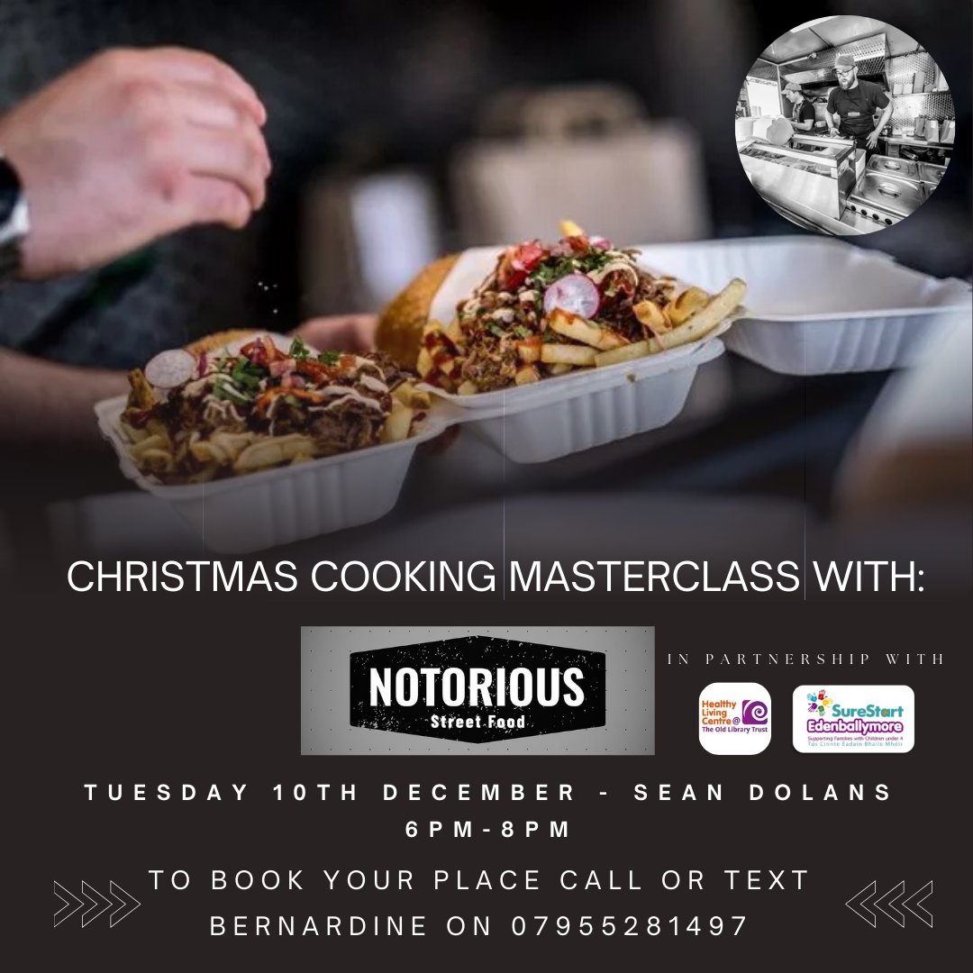 SurestartEbm's tweet photo. 🎄Christmas Cooking Masterclass 🎄
Join Caolan from Notorious Street Food on Tuesday 10th December. Learn new and exciting ways to cook and discover new recipes &amp; flavours 😋
All registered parents &amp; Carers welcome
Booking essential https://t.co/uUGFQGoBo5