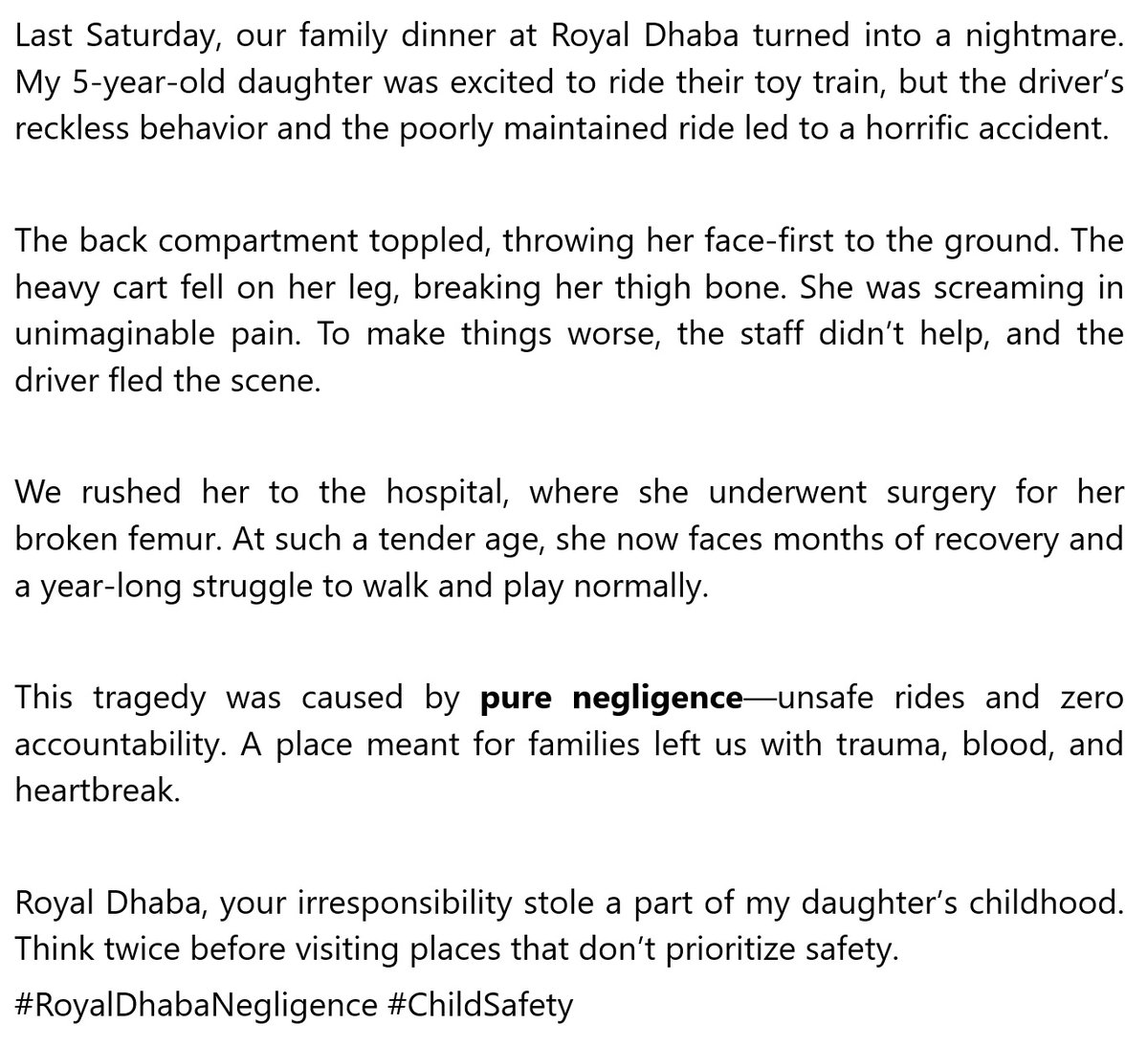 szaheer90's tweet photo. My 5 year old daughter met with a horrific accident at Royal Dhabaa, Mira Road and needed emergency surgery. At just 5 years old, she had to undergo a major operation. A simple family dinner, ended up with our little girl covered in blood and facing a year-long recovery process. https://t.co/YTJbCOQCa1