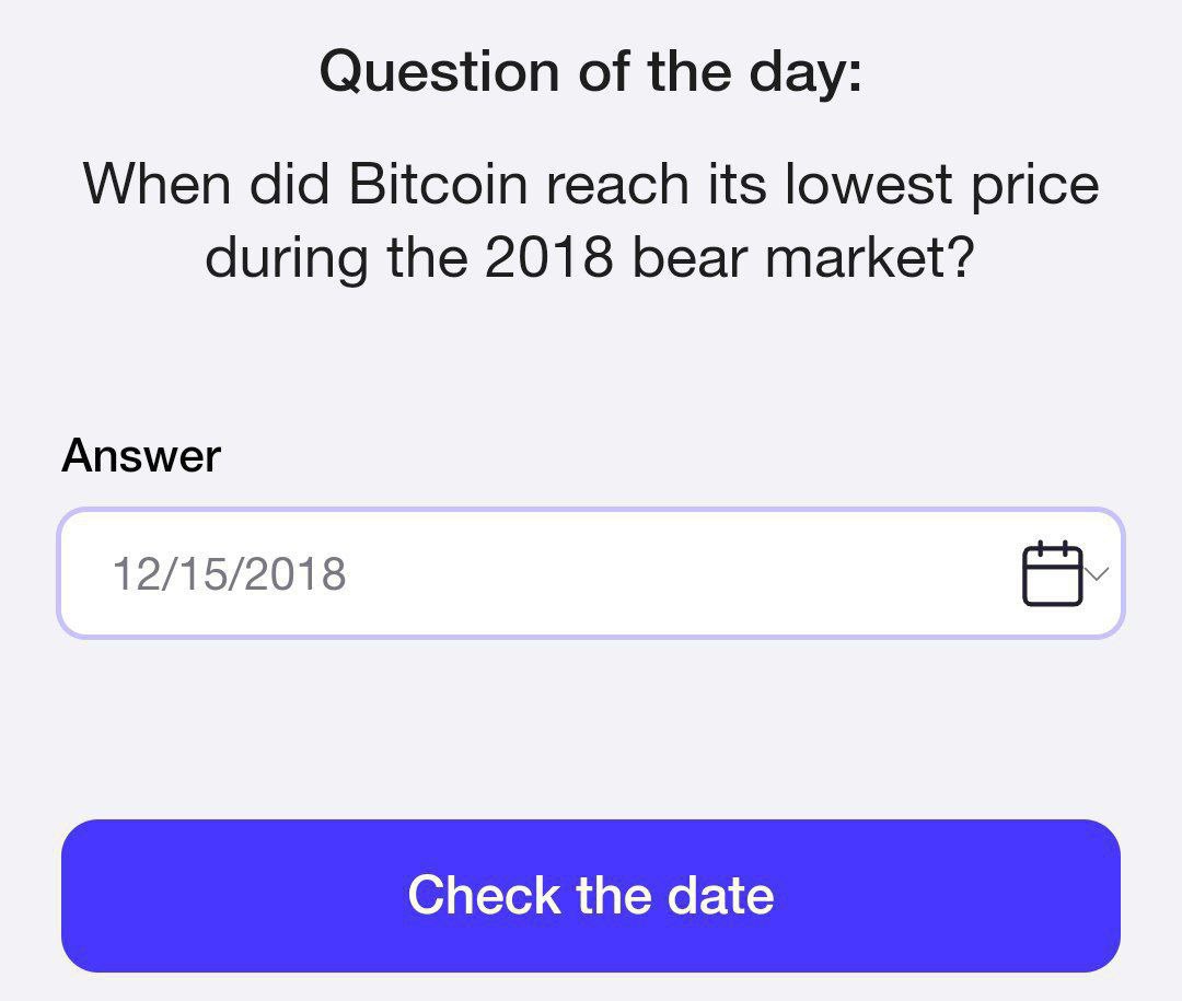 Airdrop_Trex's tweet photo. #TimeFarm Daily Oracle Of Time |
๐๏ธ 5 Dec, 2024
๐ When did Bitcoin reach its lowest price during the 2018 bear market?
โ
Answer : 15 December 2018
#Oracleoftime #TodayCode #Blum https://t.co/3wrIpRCTw2