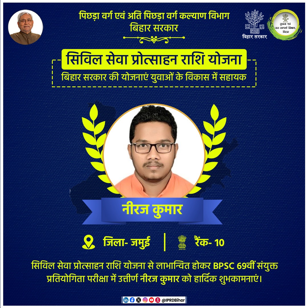 BC_EBC_Bihar's tweet photo. सिविल सेवा प्रोत्साहन राशि योजना से लाभान्वित होकर BPSC 69वीं संयुक्त प्रतियोगिता परीक्षा में सफल नीरज कुमार को हार्दिक बधाई एवं शुभकामनाएं ।
https://t.co/Re2533Yjz3
#69bpsc 
#competition
#inspiration 
#empowerment
#BPSC
#BiharBCAndEBCWelfareDept https://t.co/G1EM1ch1Mt