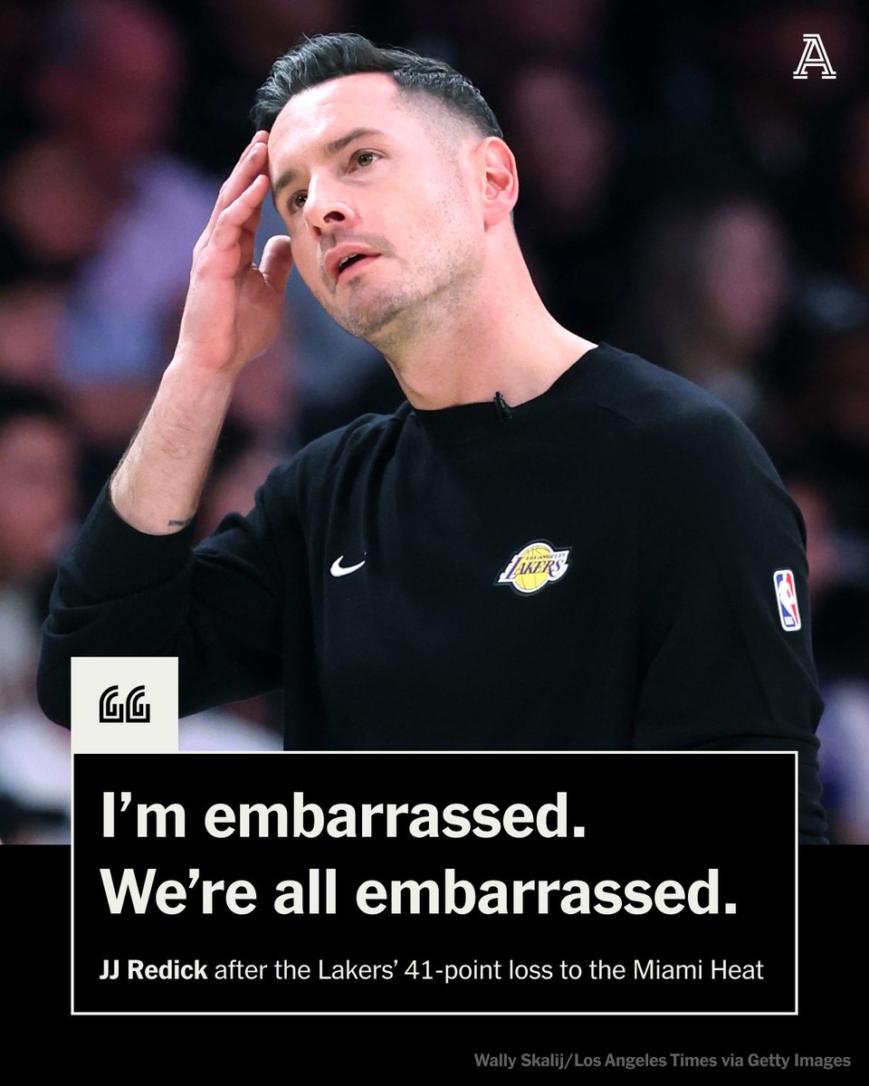 TheAthletic's tweet photo. Wednesday, the Lakers lost to the Heat by 41 points.

This is a season-low for L.A. in its first year under JJ Redick — one that the coach says lacked professionalism and fight.

https://t.co/K6i05iL8tB https://t.co/3D7r1kv8WX