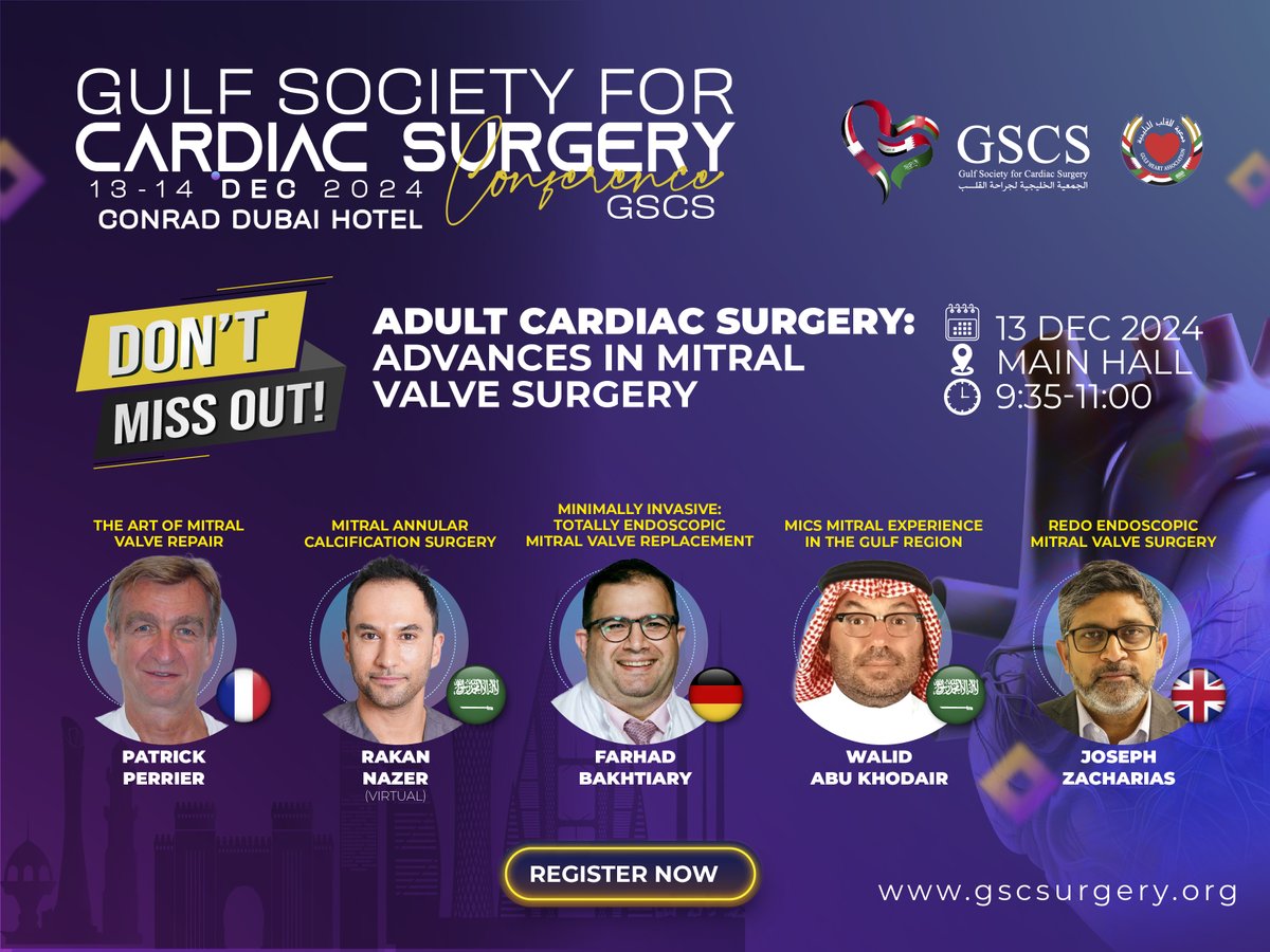 GSCSurgery's tweet photo. Deep Dive into Advances in Mitral Valve Surgery!
Explore cutting-edge innovations and techniques in #mitralvalvesurgery, from repair to replacement, featuring insights on regional and global practices
Register Now: https://t.co/sGpgDBp91t
Check Program: https://t.co/hx667K8jrq https://t.co/P5v5G9A4Nr