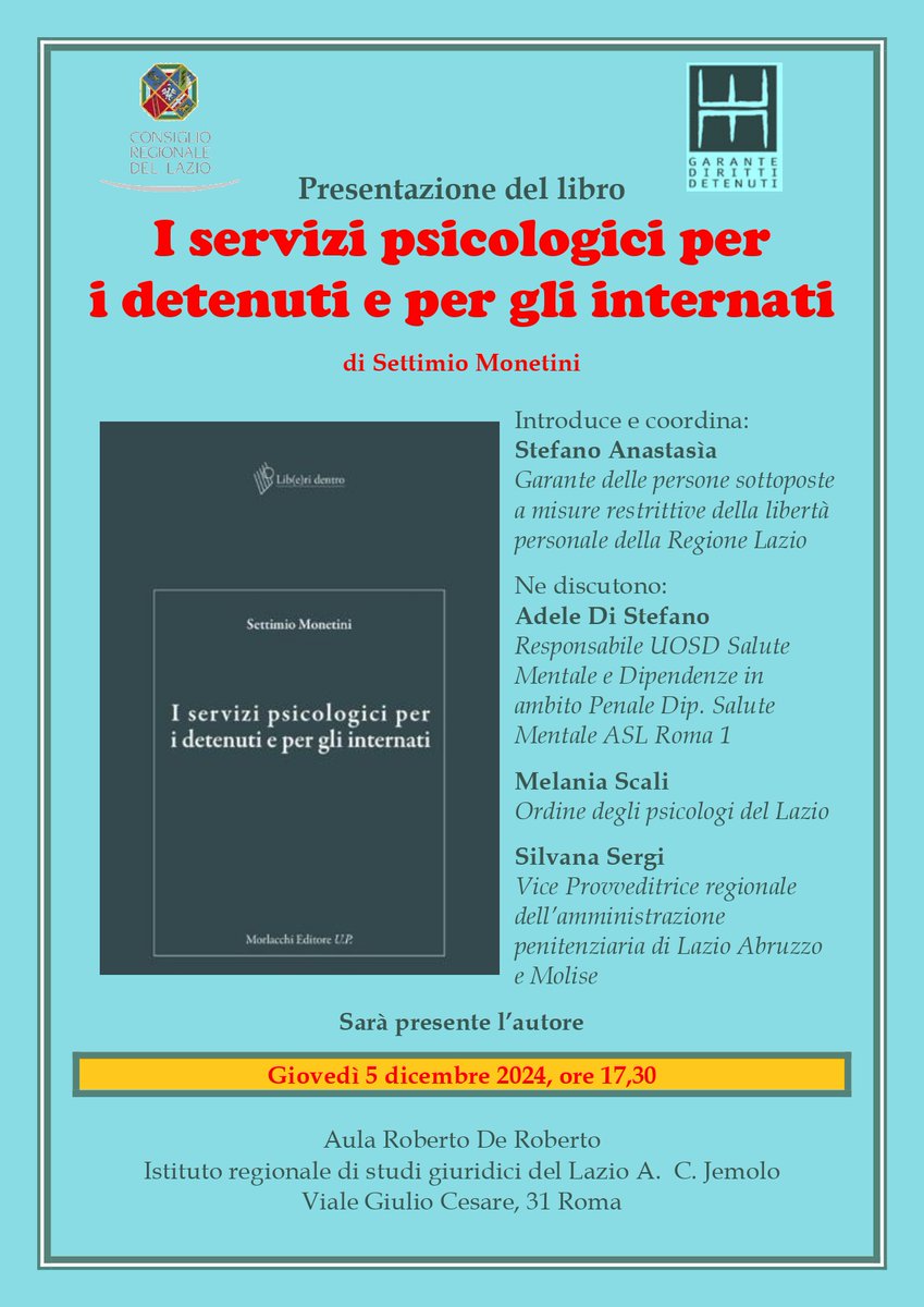 📕𝓟𝓻𝓮𝓼𝓮𝓷𝓽𝓪𝔃𝓲𝓸𝓷𝓮 𝓭𝓮𝓵 𝓵𝓲𝓫𝓻𝓸 𝓘 𝓼𝓮𝓻𝓿𝓲𝔃𝓲 𝓹𝓼𝓲𝓬𝓸𝓵𝓸𝓰𝓲𝓬𝓲 𝓹𝓮𝓻 𝓲 𝓭𝓮𝓽𝓮𝓷𝓾𝓽𝓲 𝓮 𝓹𝓮𝓻 𝓰𝓵𝓲 𝓲𝓷𝓽𝓮𝓻𝓷𝓪𝓽𝓲▶️Oggi, 5/12/2024 ore 17,30
​​​​📍​​A̳u̳l̳a̳ D̳e̳ R̳o̳b̳e̳r̳t̳o̳ <a href="/IstitutoJemolo/">Istituto Arturo Carlo Jemolo</a> 
#collaborazione <a href="/ConsiglioLazio/">Consiglio Lazio</a> <a href="/RegioneLazio/">Regione Lazio</a>