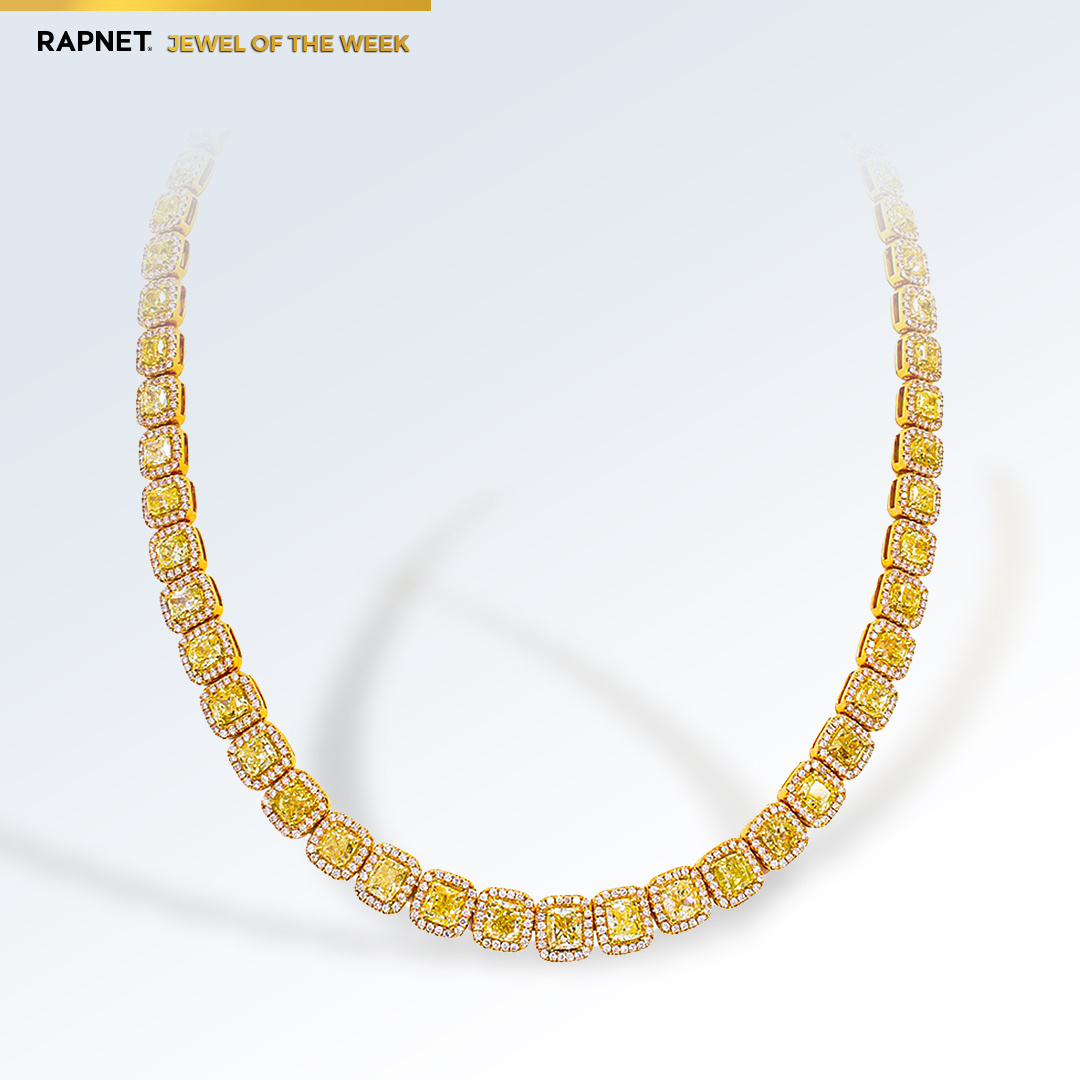 RapaportTrade's tweet photo. ⭐ #RapNet Jewel of the Week ⭐
This 18K rose gold necklace with 55 fancy yellow cushion cut diamonds, listed by Ninacci, Inc. on RapNet. Learn more about this piece on RapNet: https://t.co/ClXodUpXyA
#RapNet #ExpensiveJewelry #Jeweloftheweek #diamondsandjewelry #getitonrapnet https://t.co/1XpeGj4fLh