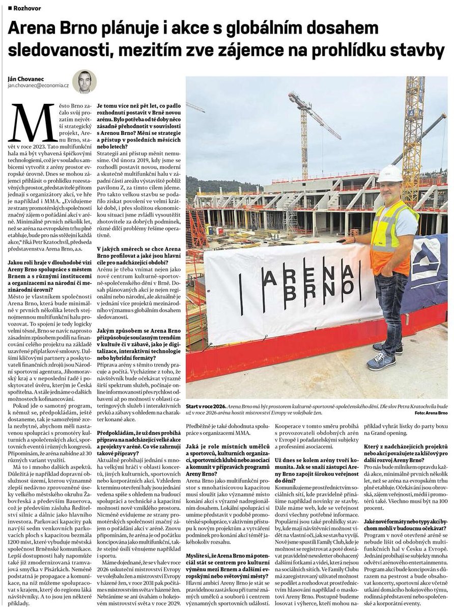ArenaBrno's tweet photo. Děkujeme za skvělý rozhovor s naším předsedou představenstva Petrem Kratochvílem v Hospodářských novinách. Podívejte se na celý článek v odkazu: https://t.co/GdU36lKoXw https://t.co/vgbTrsIjDd