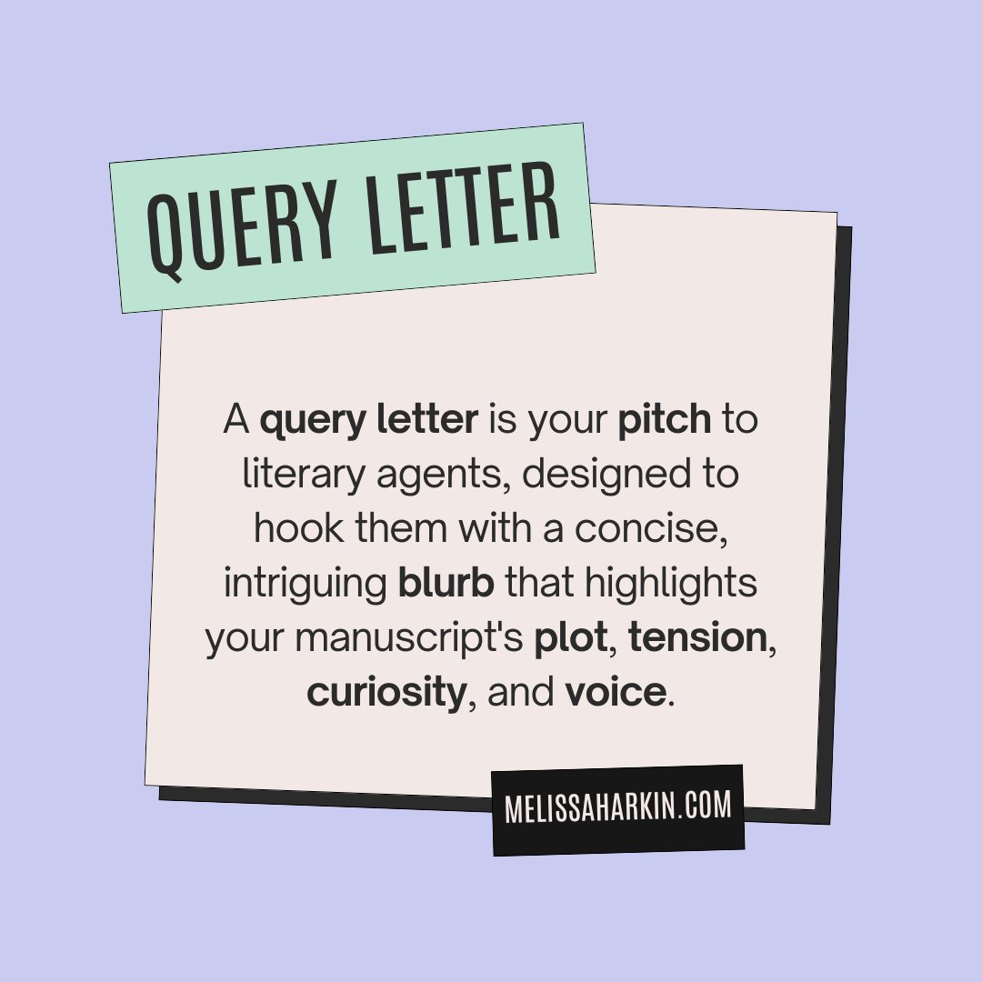 harkintranslate's tweet image. Purpose of a #QueryLetter:
A query letter pitches your manuscript, hooking agents with a concise blurb that highlights plot, tension, curiosity, and voice.
Read more at: How to write a query letter 👉 melissaharkin.com/2024/11/27/how…