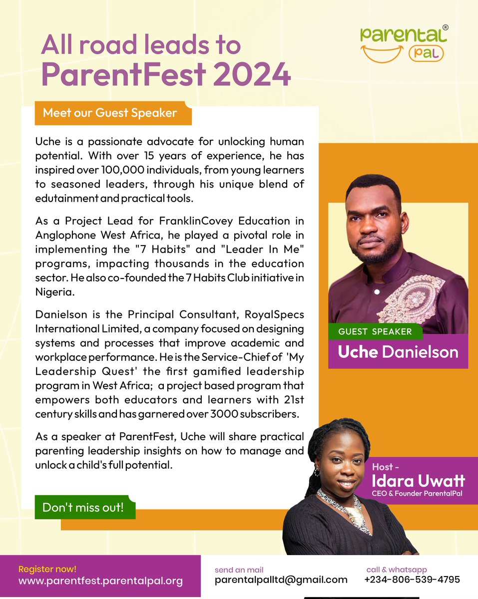 parentalpal's tweet photo. All road leads to ParentFest 2024!

Meet our Guest Speaker - Mr. Uche Danielson

A professional in child and adult development with a leadership concentration.

Register https://t.co/djoMCd3x3G to reserve your spot and be a part of this fun moment.

#parentalpal #parentfest2024 https://t.co/59o44CEL4N