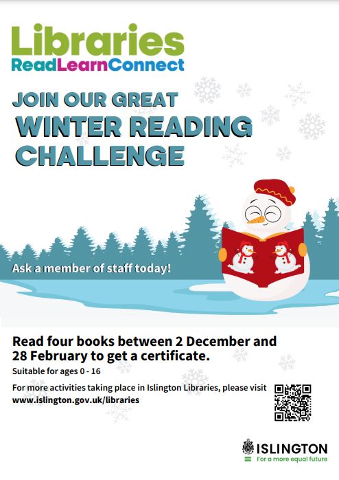 stjhighgate's tweet photo. Join the Winter Reading Challenge at your local Islington Library. Go to https://t.co/56esx5Q7Wa. It is FREE. Read 4 books to get a certificate and keep reading over the holidays! #schlib https://t.co/9erJ6WxBdD